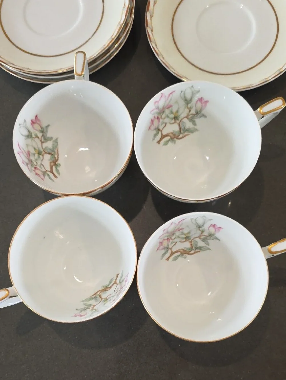 Mikado Porcelain Tea Cup and Saucer Set with Pink Floral Accents and Gold Trim